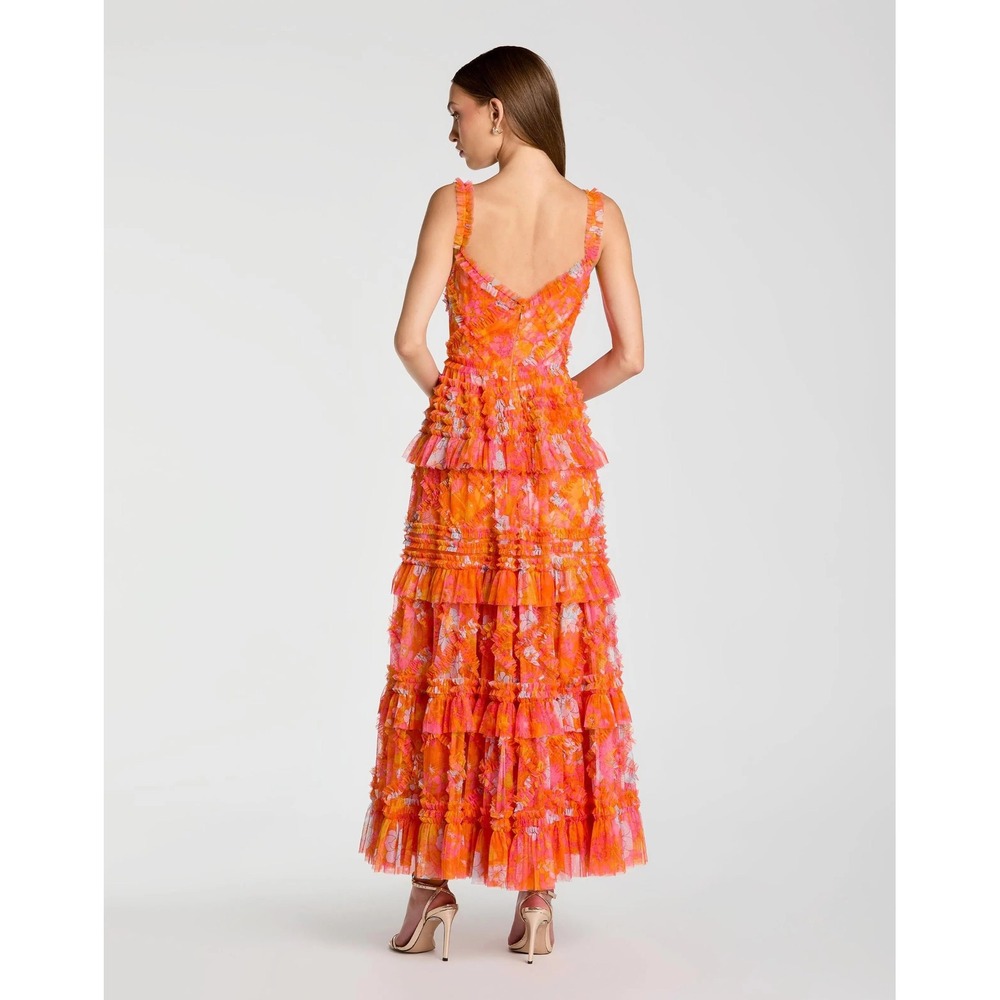 NWT Mac Duggal Orange Sleeveless Floral Ruffle A-Line Maxi Dress - Size 8 - Picture 9 of 14